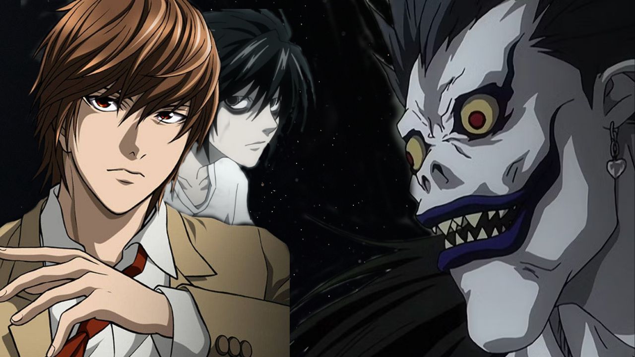 Image of the three main characters of Deathnote: Light, L and Ryuk